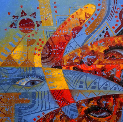 Vibrant oil painting Boomerang watchers by Sergiy Voichenko with geometric shapes and eyes