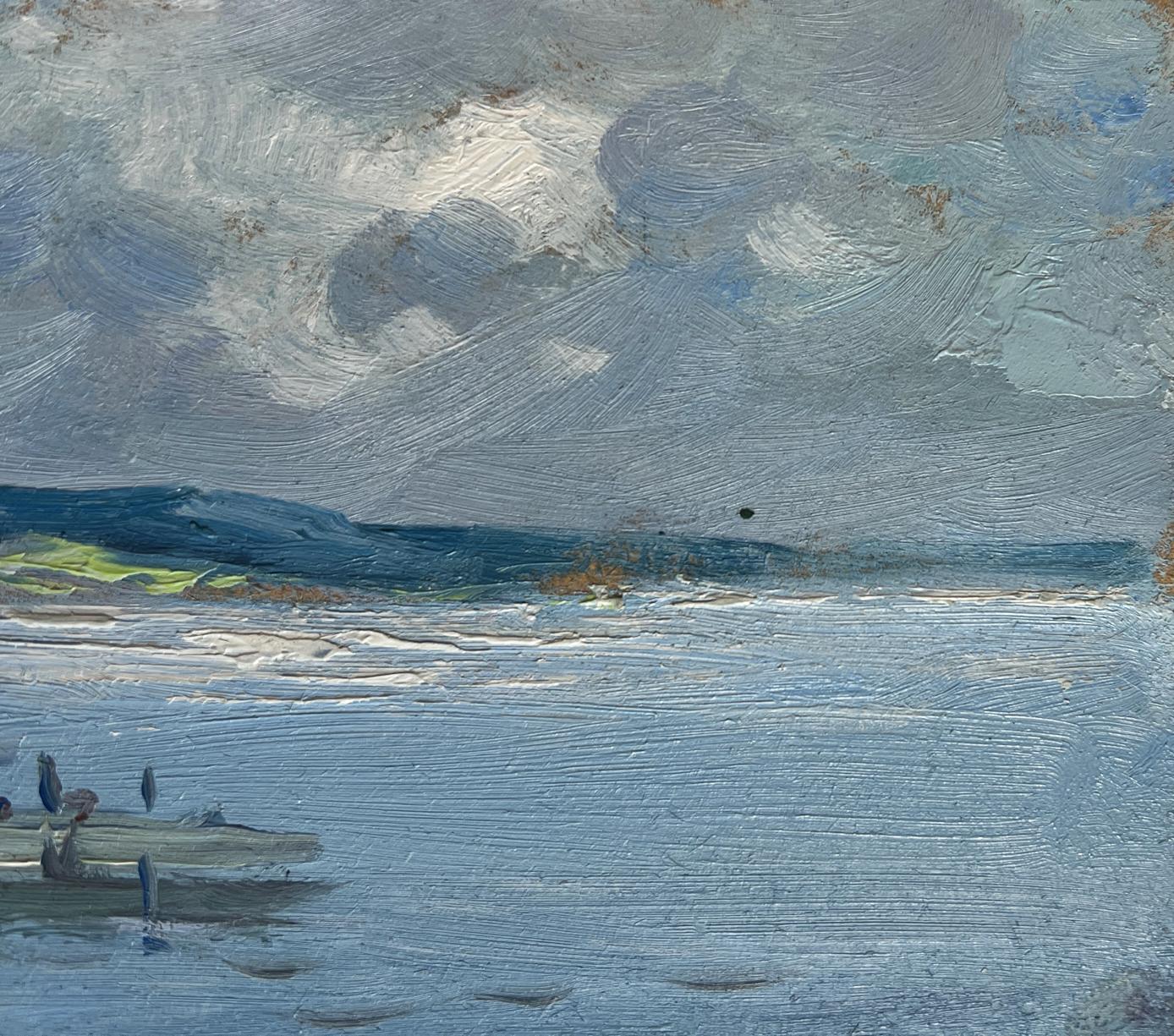 Oil painting Fishing on the Ferry by Yuriy Suprunchuk serene coastal scene