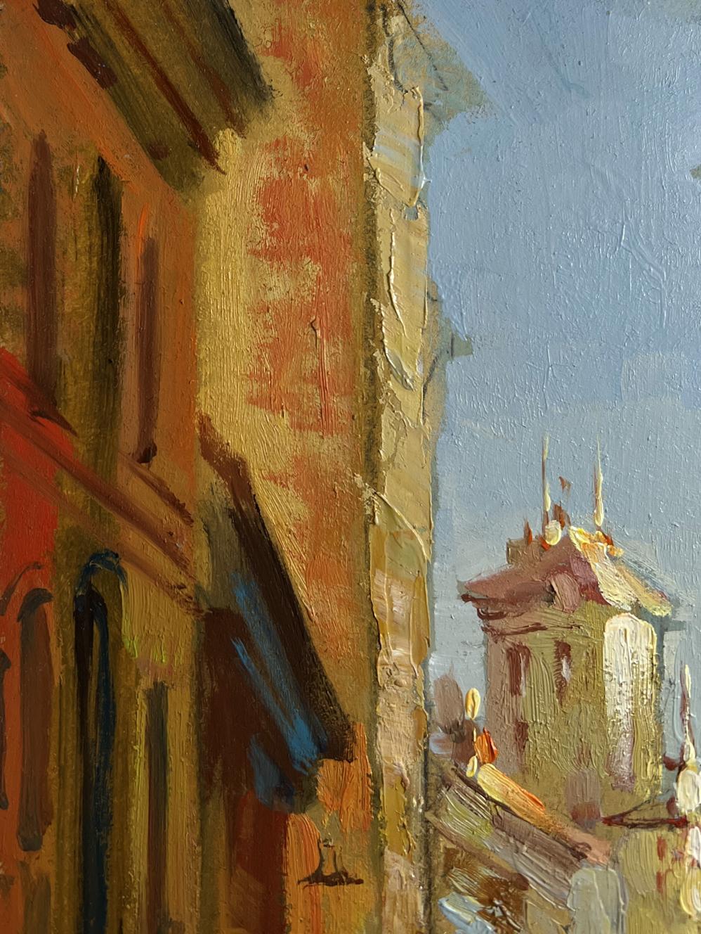 Oil painting by Yuriy Suprunchuk: sunlit European street corner