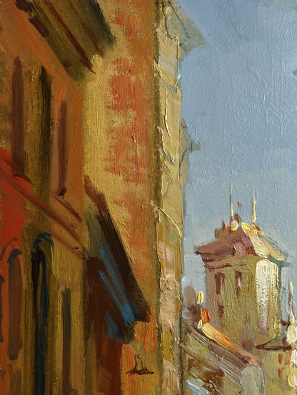 Oil painting by Yuriy Suprunchuk: sunlit European street corner