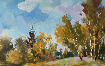 Autumn oil painting The river washes the forest by Yuriy Suprunchuk