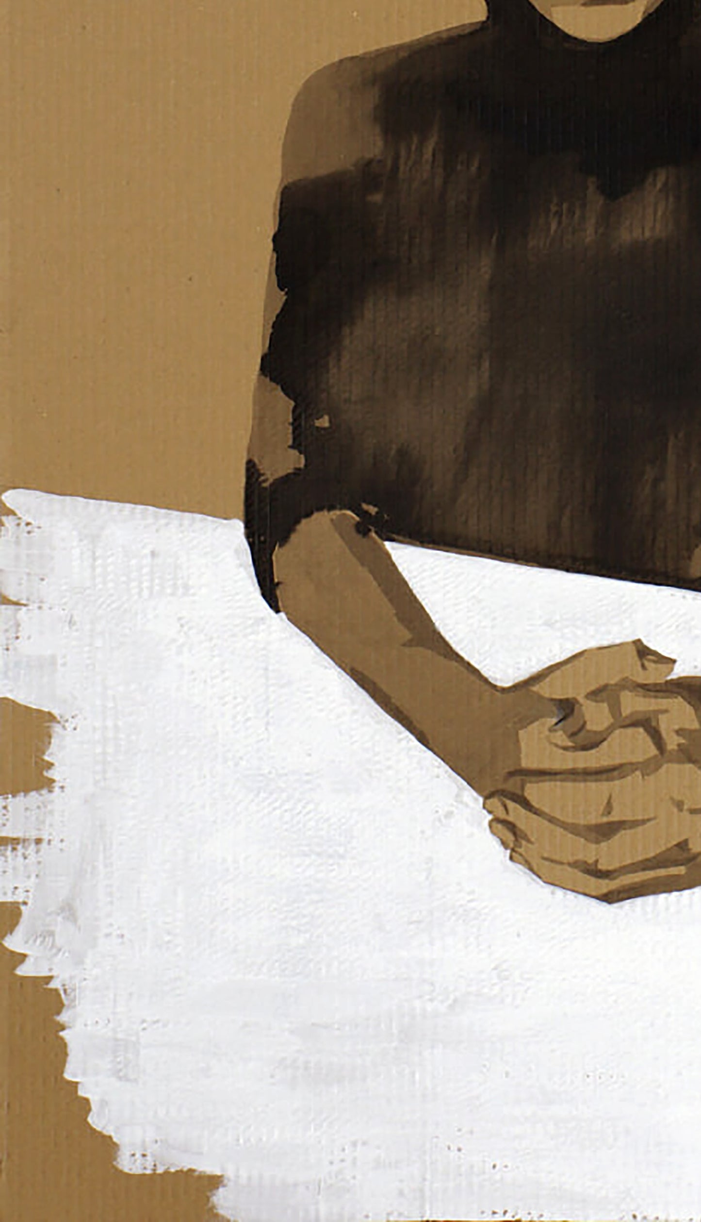 Stylized acrylic painting Trust by Dima Filatov: person in textured brown top, hands clasped