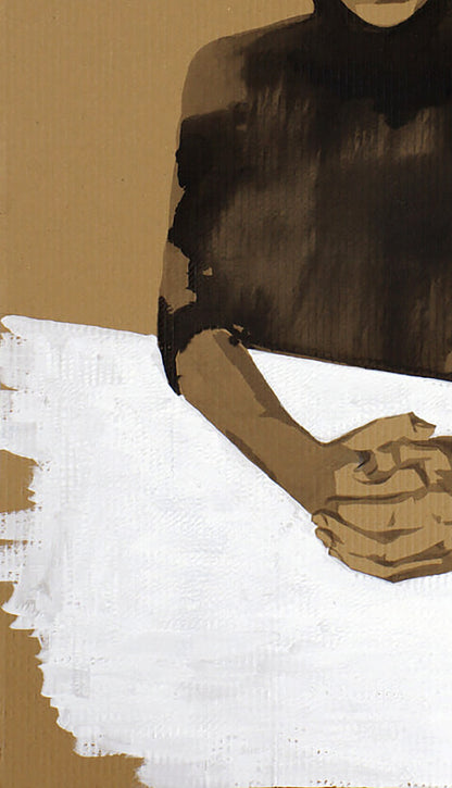 Stylized acrylic painting Trust by Dima Filatov: person in textured brown top, hands clasped