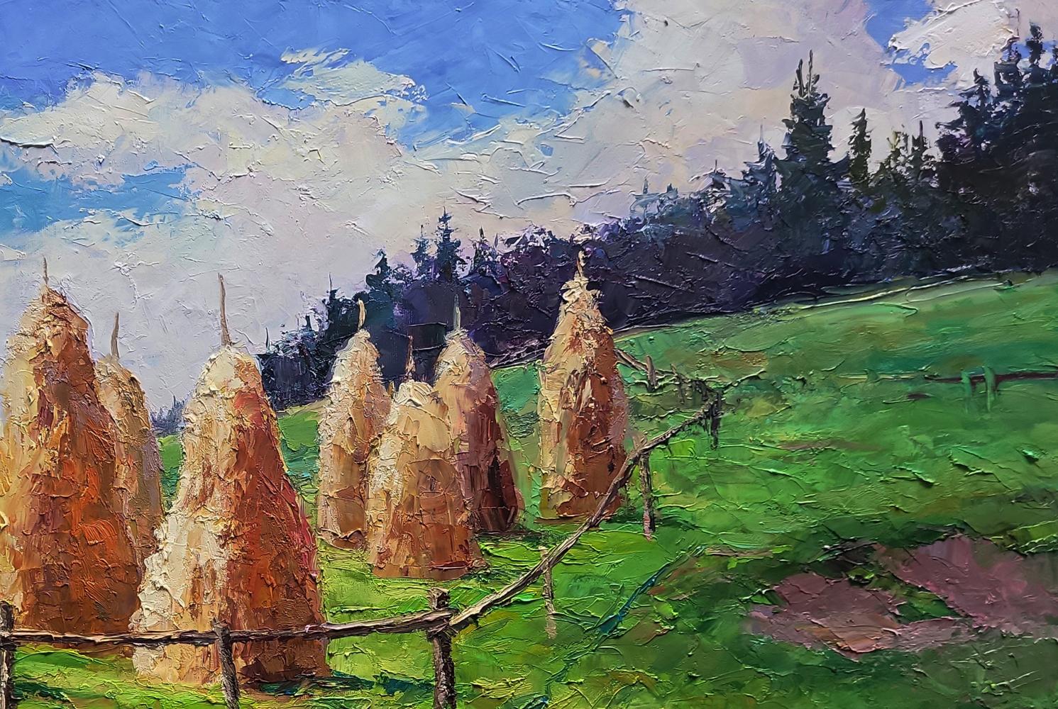 Rustic oil painting of golden haystacks in mountains by Boris Serdyuk
