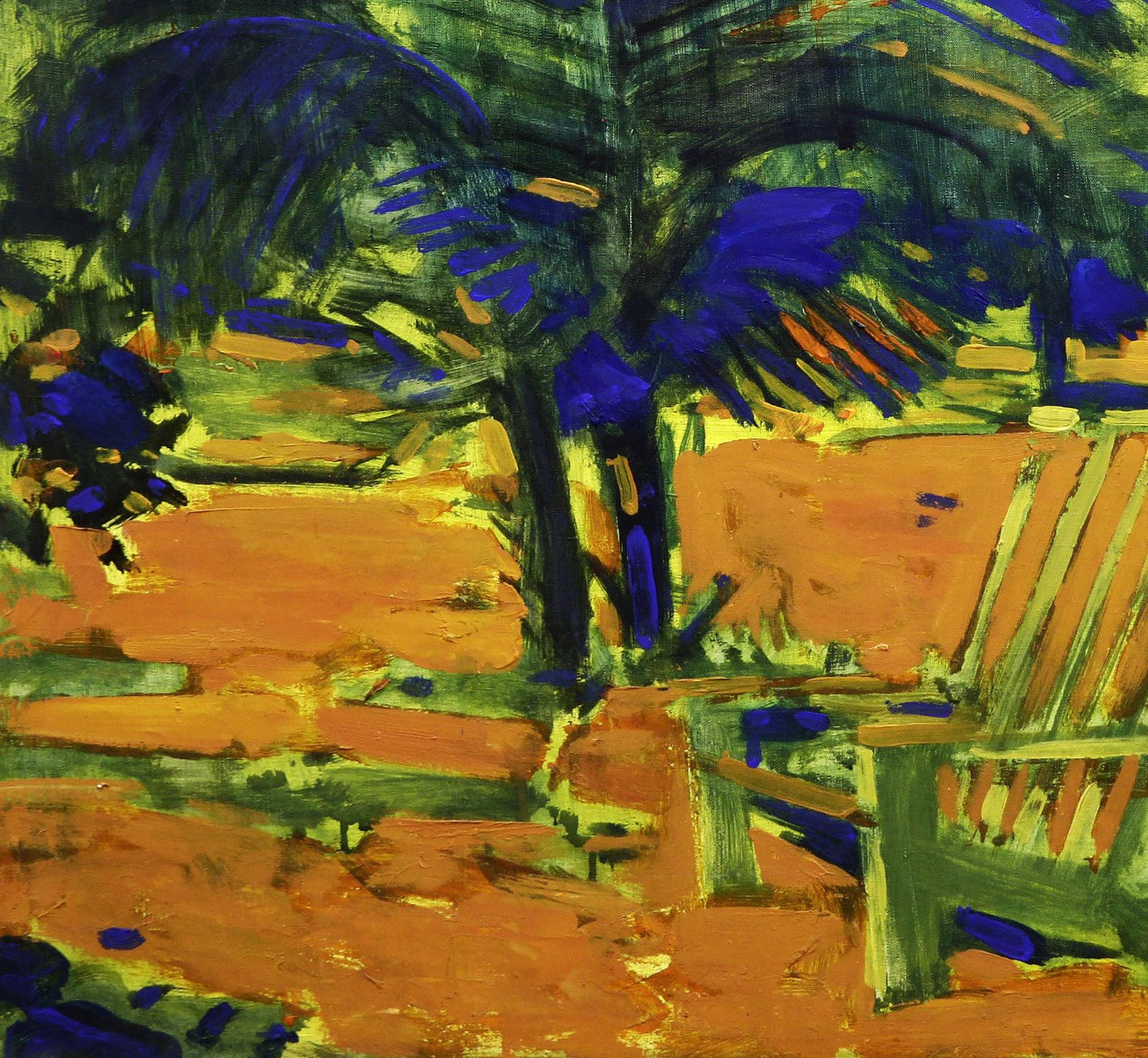 Vibrant Tropic Ed Potapenkov oil painting of bench under blue palm trees