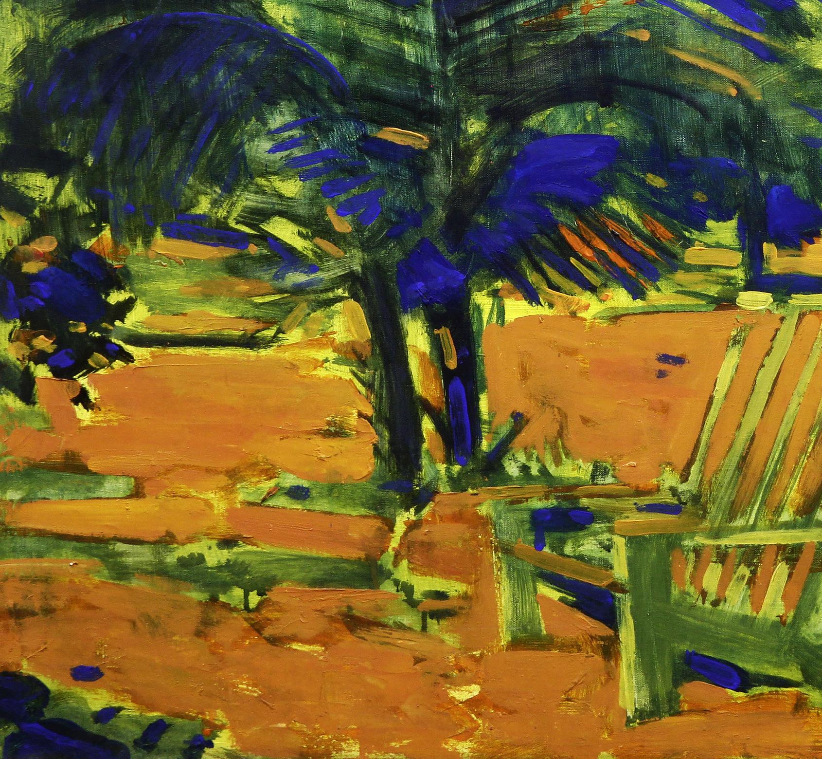 Vibrant Tropic Ed Potapenkov oil painting of bench under blue palm trees