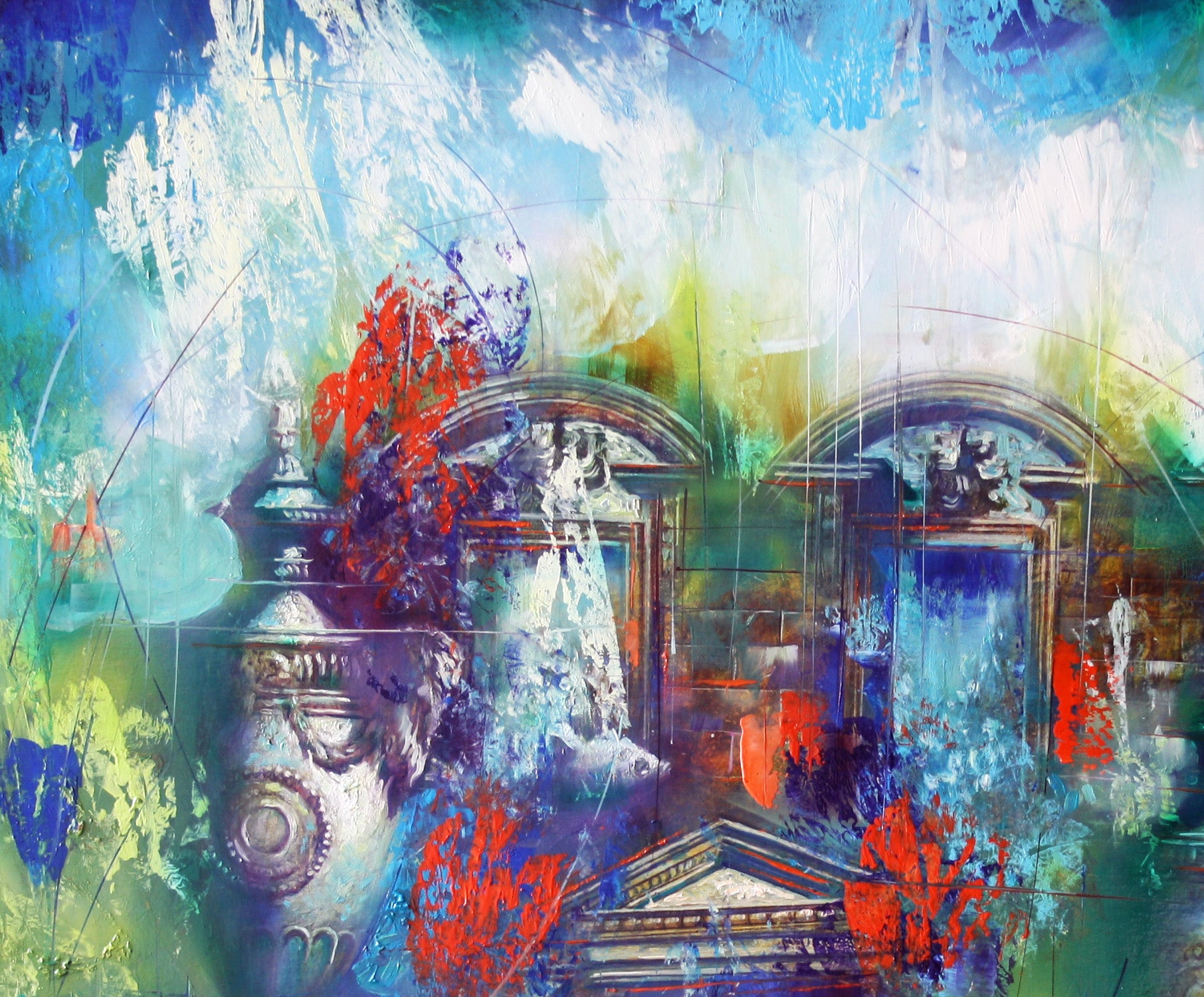 Oil painting Forgotten still life by Alexander Dobrodiy, ornate blue facade