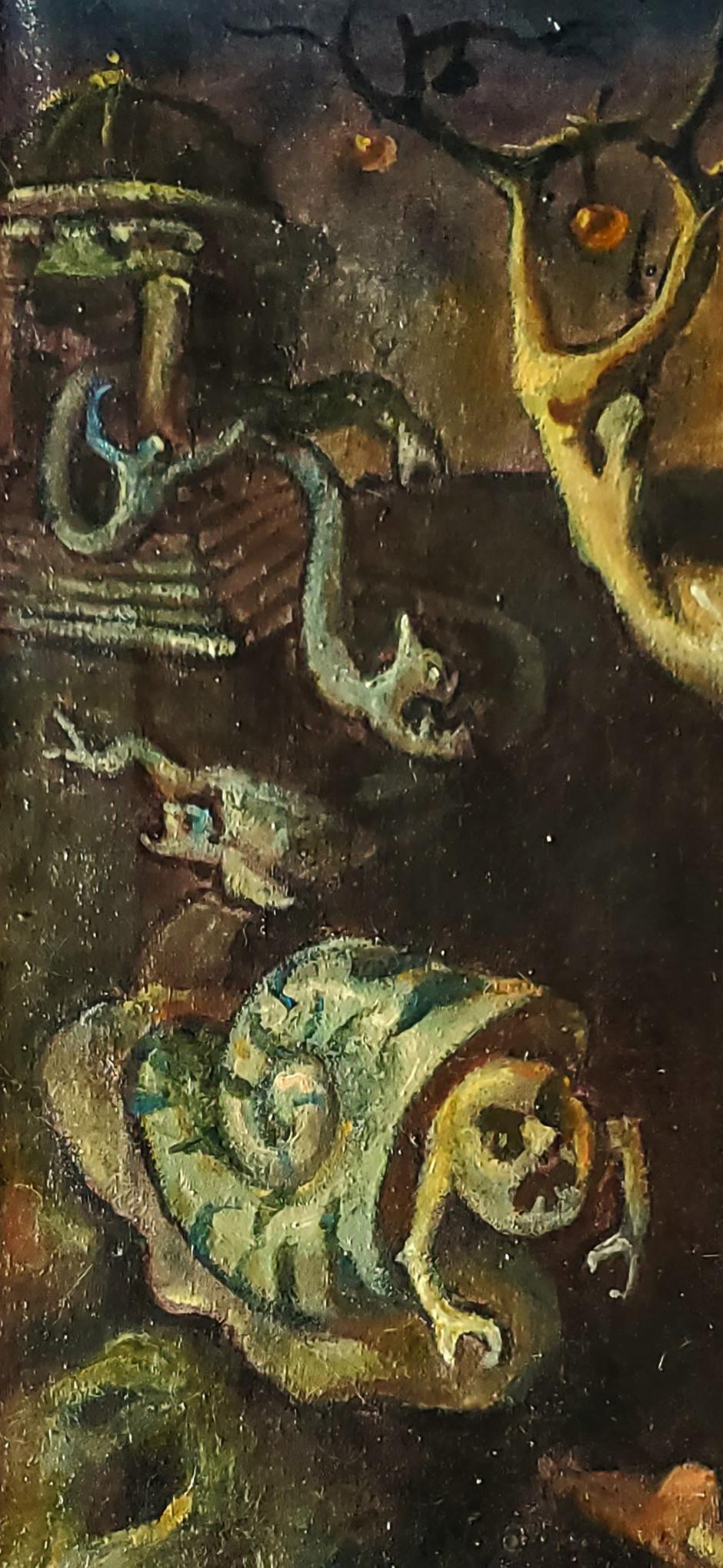 Oil painting Time of Vice by Daniil Litvinov: green gold skull snail