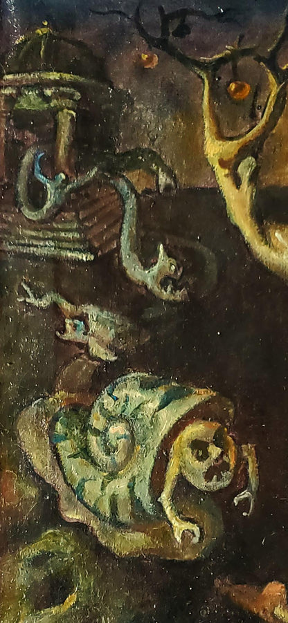 Oil painting Time of Vice by Daniil Litvinov: green gold skull snail
