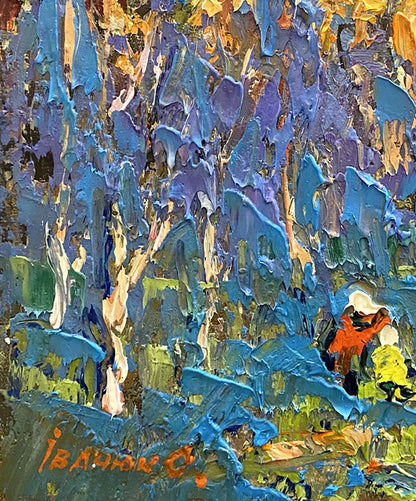 Vibrant Morning Frost oil painting by Oleksiy Ivanyuk in blues and purples