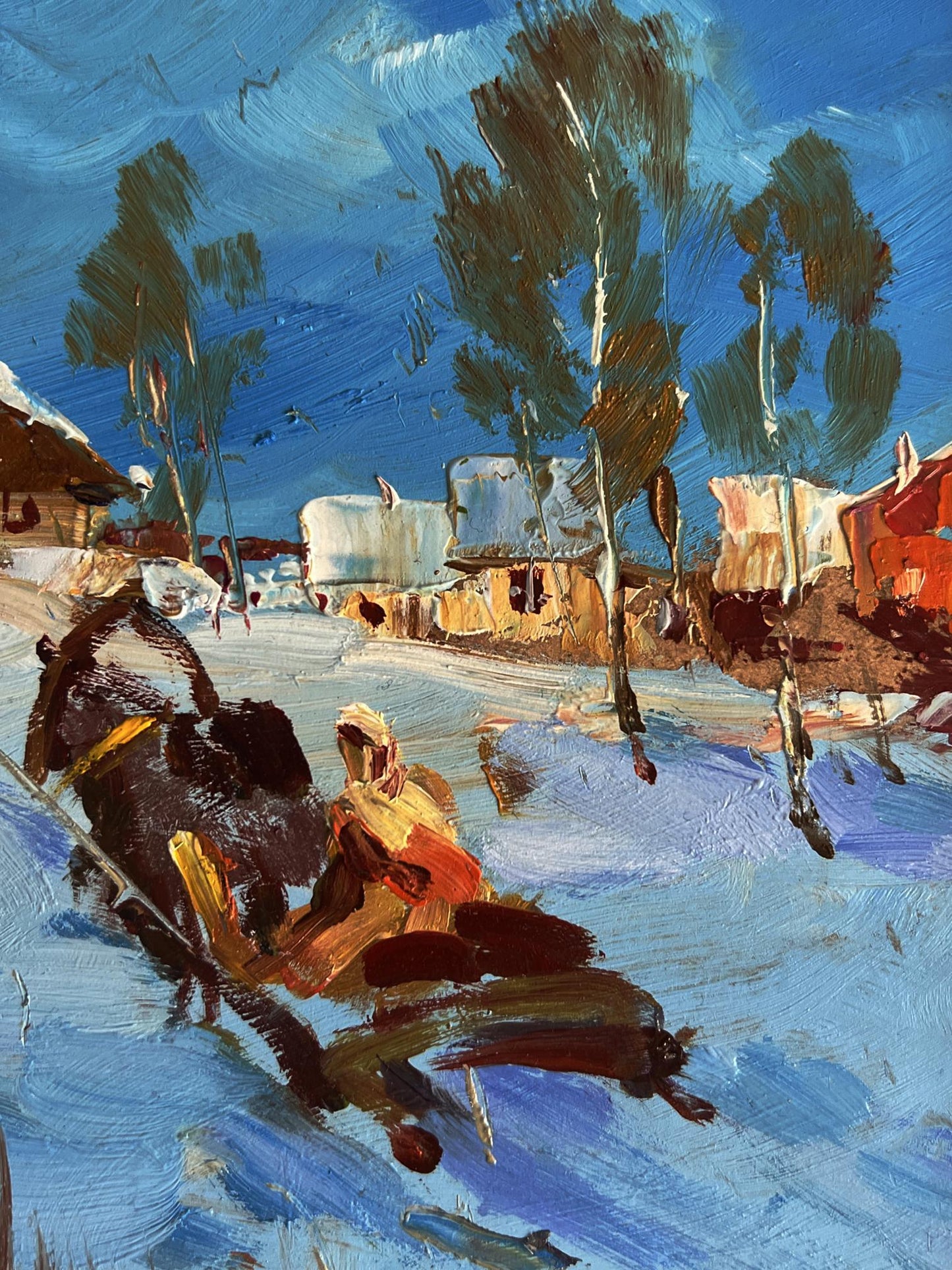 Vibrant impressionistic oil painting of winter village by Yuriy Suprunchuk