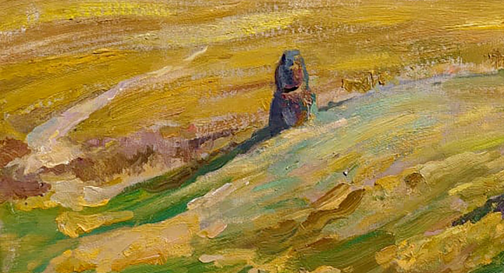 Oil painting Stone grave by Leonid Pavlenko: solitary dark monolith in golden green field