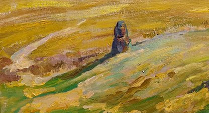 Oil painting Stone grave by Leonid Pavlenko: solitary dark monolith in golden green field