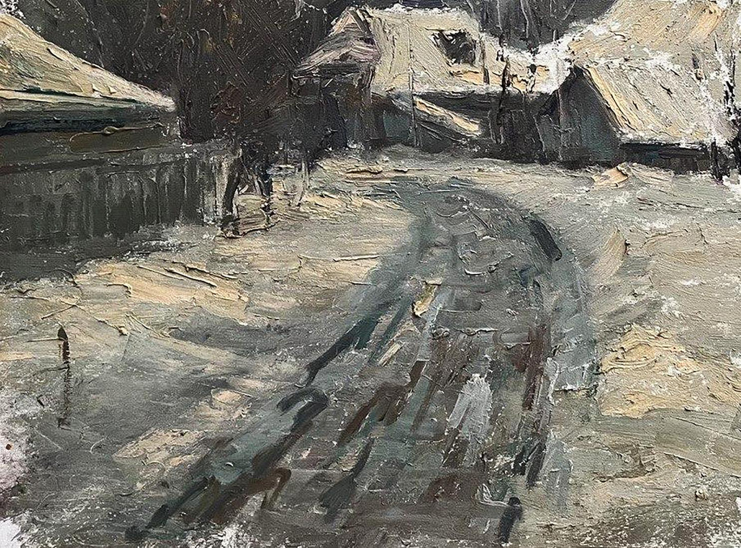 Oil painting Winter in the village by Volodymyr Pashchenko snowy scene