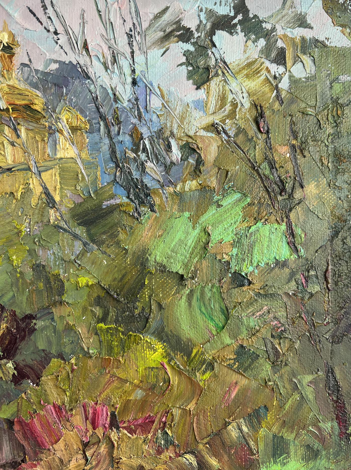 Impasto oil painting Morning rays by Boris Serdyuk, textured green landscape