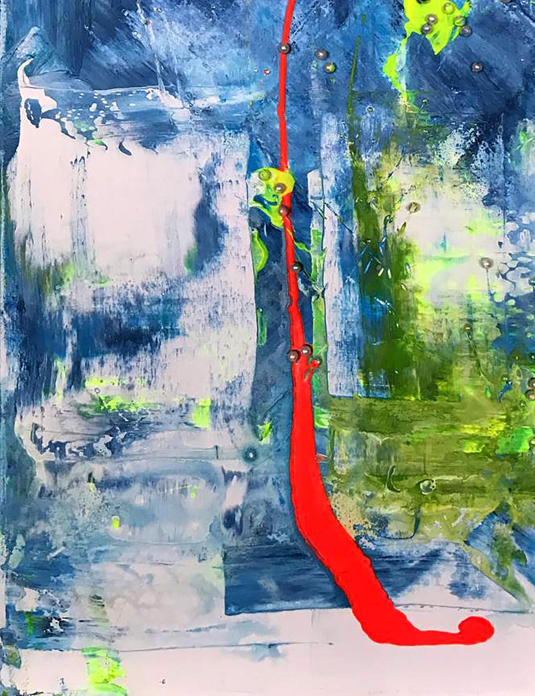 Vibrant red paint stroke on Torn beads acrylic painting by Olga Melezhik