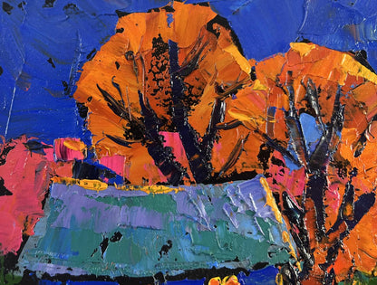 Oil painting When evening falls over the land Oksana Ivanyuk: vibrant orange trees on blue sky