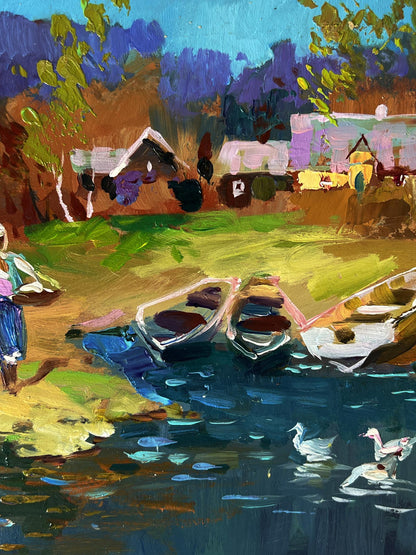 Oil painting by Yuriy Suprunchuk of geese swimming near river with rowboats