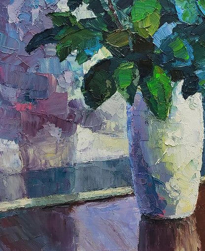 Oil painting Roses Boris Serdyuk with vibrant green plant in white purple vase