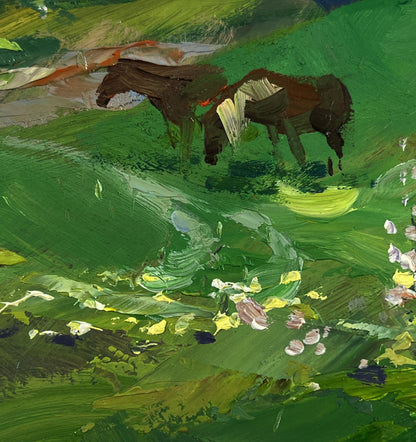 Oil painting of two brown horses grazing in green field by Yuriy Suprunchuk