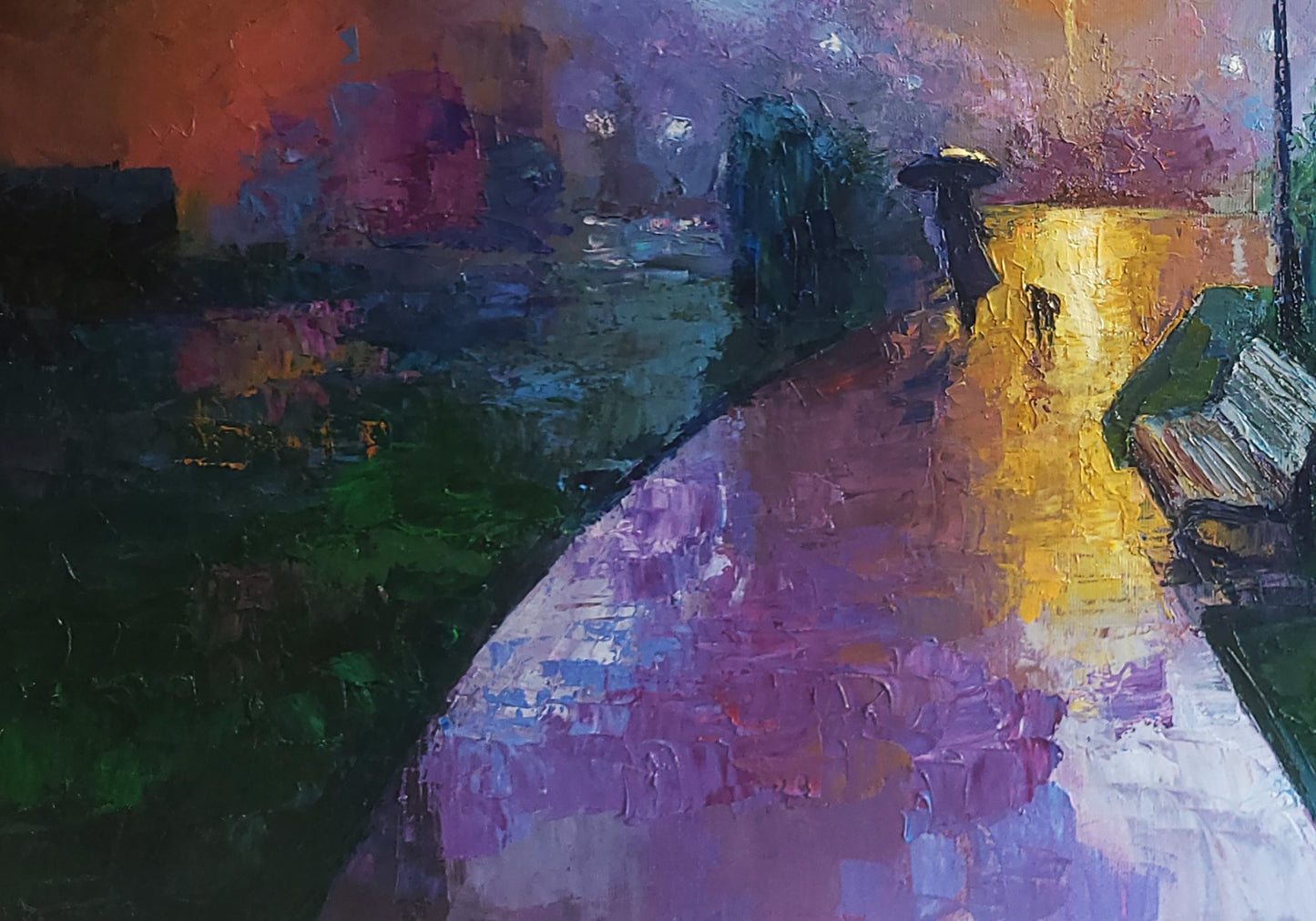 Oil painting Under the Rain by Boris Serdyuk: figure with umbrella on wet path at twilight