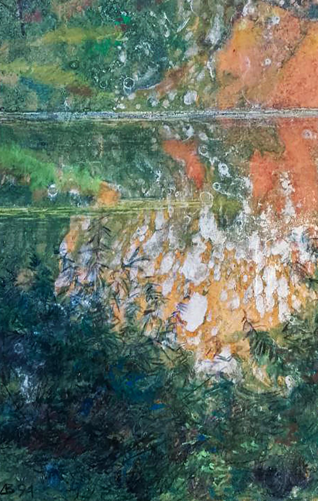 Abstract oil painting Drops of the river by Vitaly Duhnevich with textured greens and oranges in water