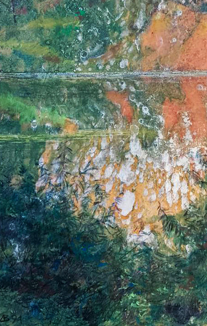 Abstract oil painting Drops of the river by Vitaly Duhnevich with textured greens and oranges in water