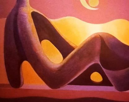 Oil painting Dialogue by Alexander Strashevich, abstract purple-yellow sculpture at sunset