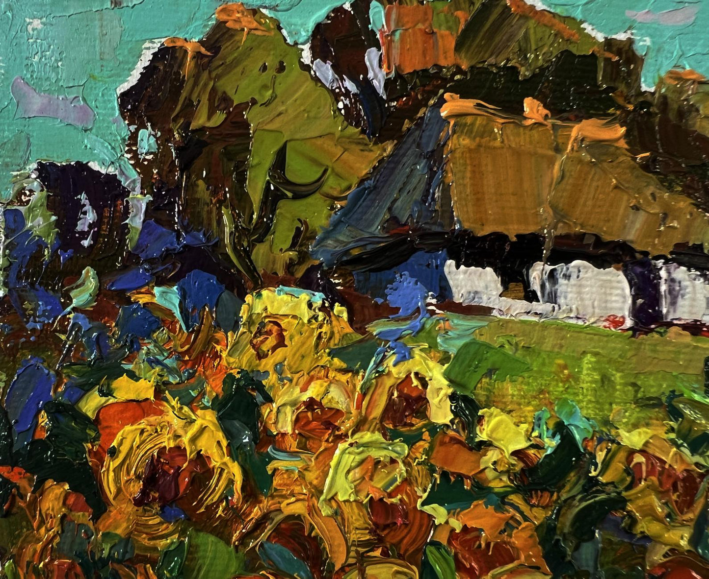 Oil painting Rural sunflowers by Oksana Ivanyuk vibrant yellow flowers