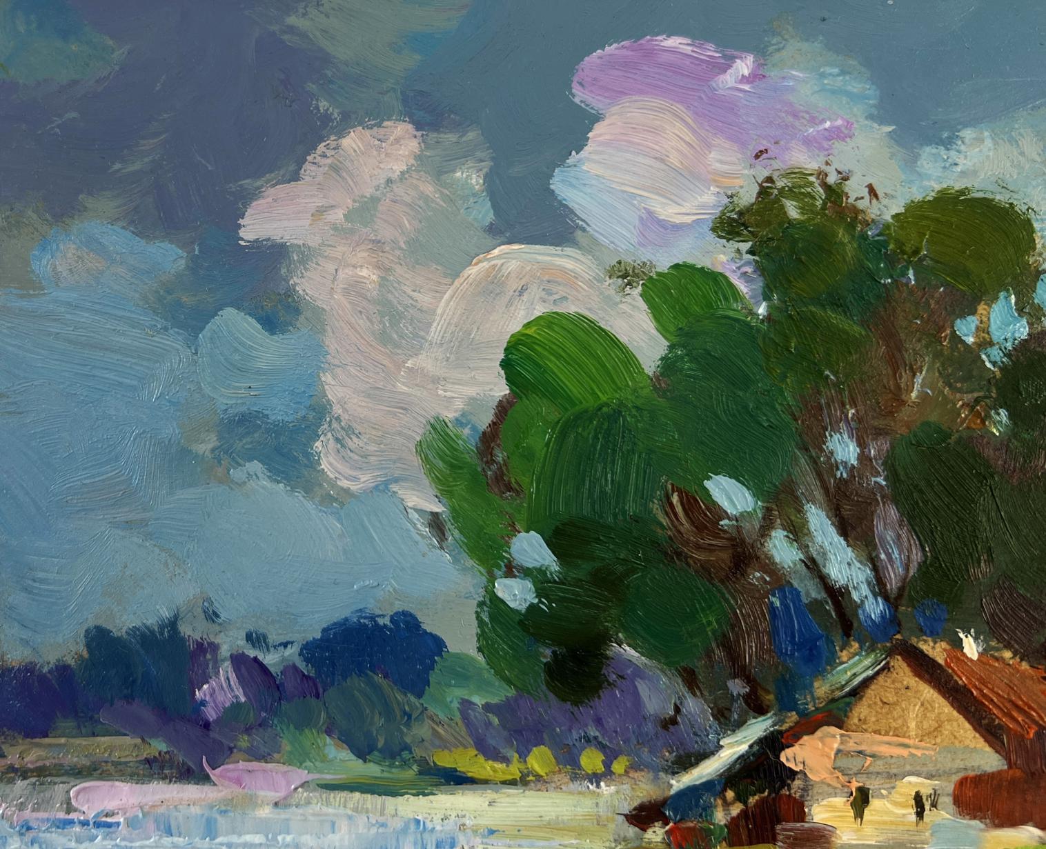 Vibrant impressionist oil painting by Yuriy Suprunchuk: river flows past village with green foliage, purple clouds