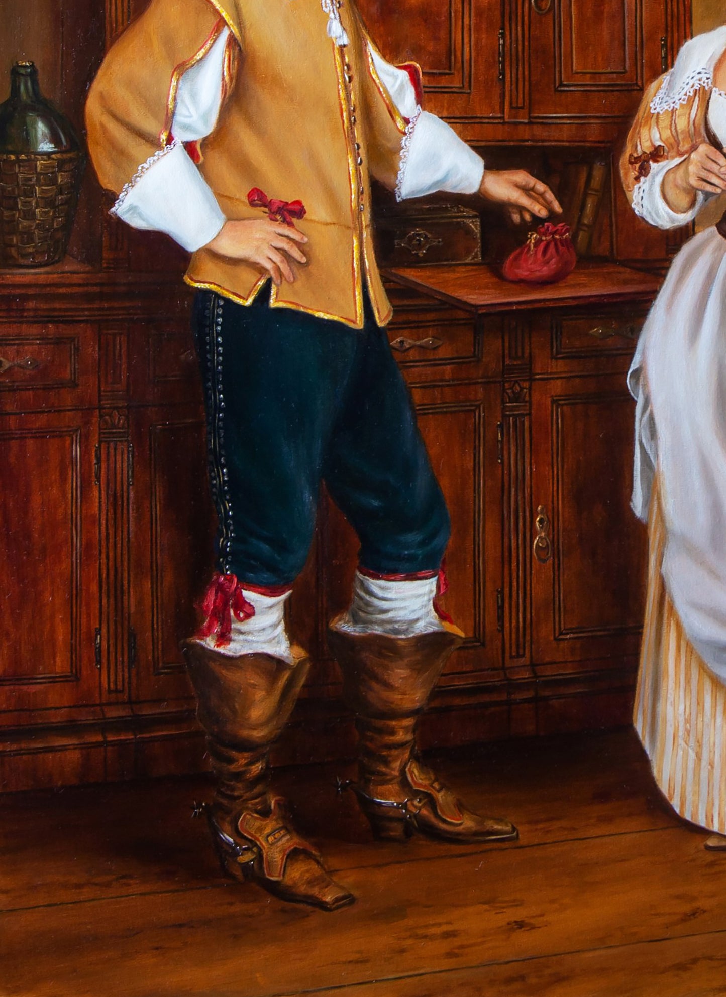 Oil painting Cardinals money Valeriy Bulat red drawstring pouch on wood