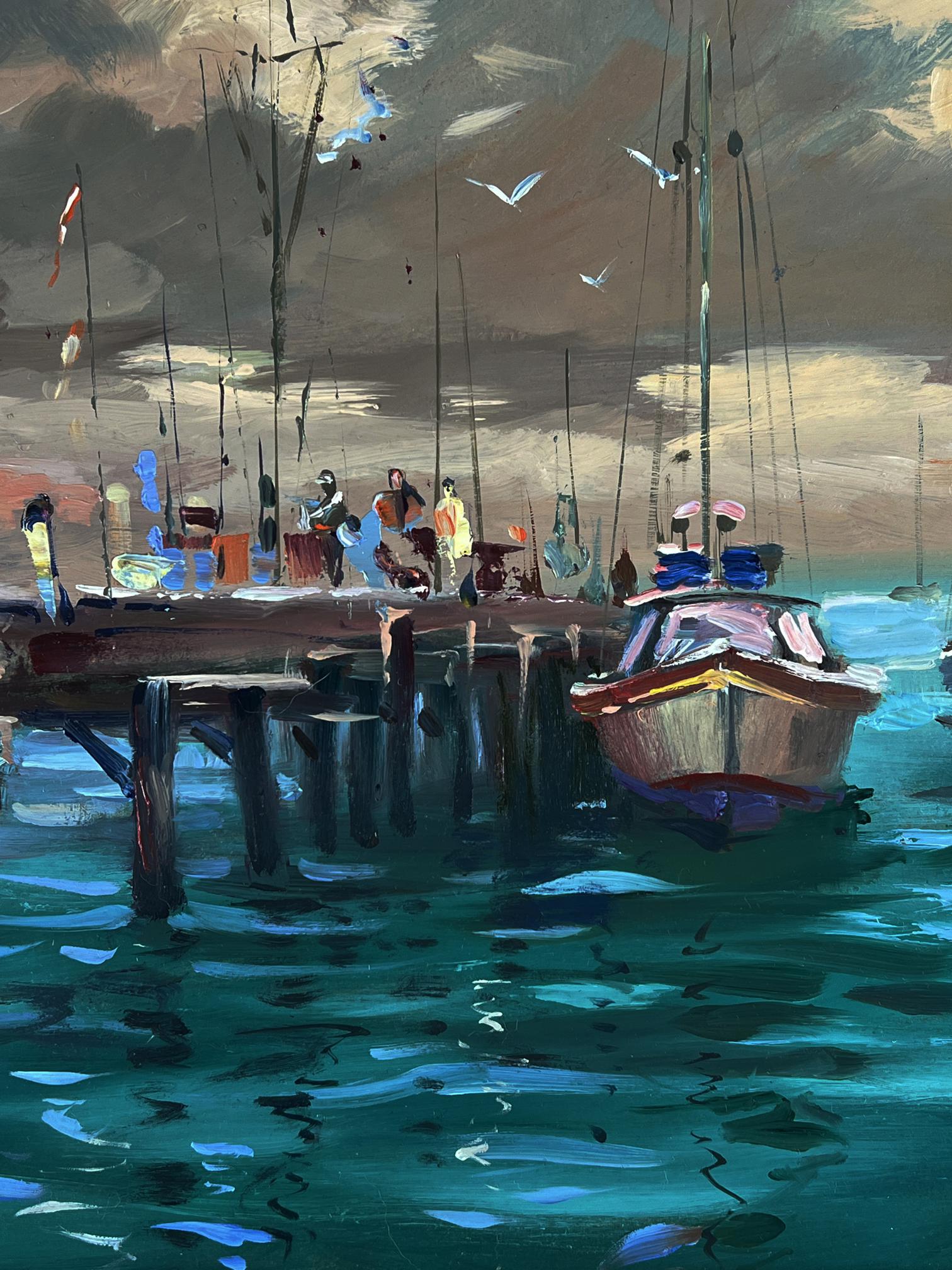Oil painting by Yuriy Suprunchuk: small red boat with purple accents at pier