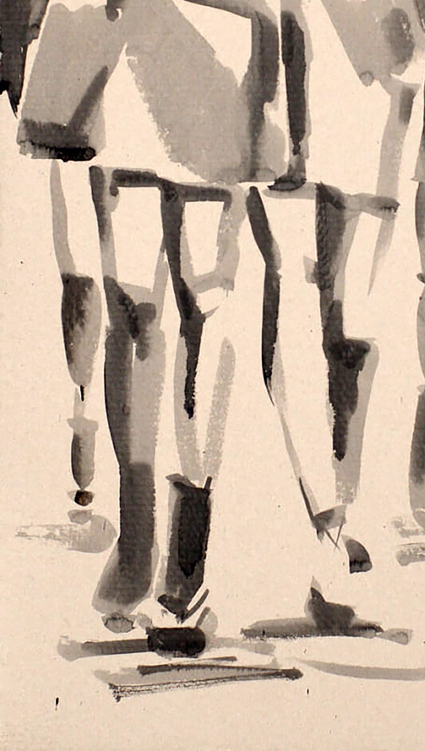 Abstract grayscale ink wash of stylized walking girls feet by Dima Filatov