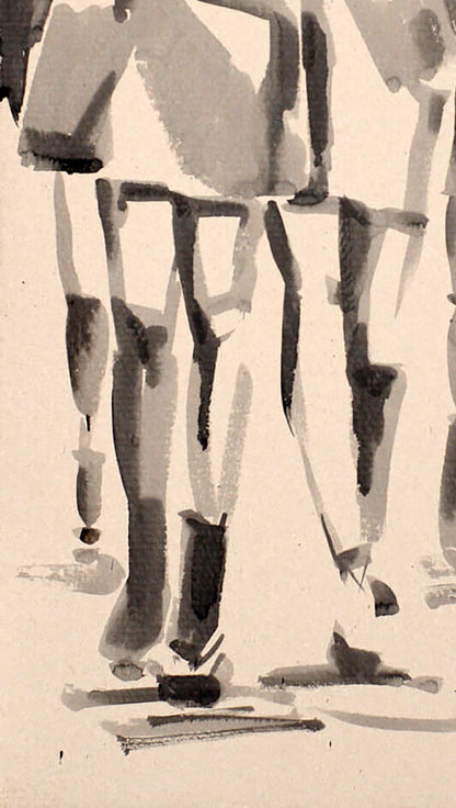 Abstract grayscale ink wash of stylized walking girls feet by Dima Filatov