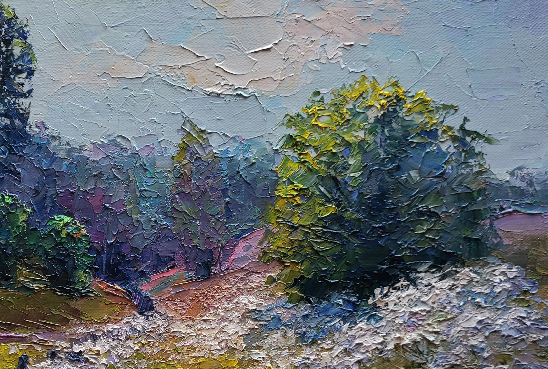 Textured impressionist oil painting by Boris Serdyuk with wildflowers, trees