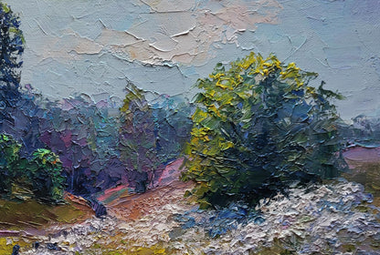 Textured impressionist oil painting by Boris Serdyuk with wildflowers, trees