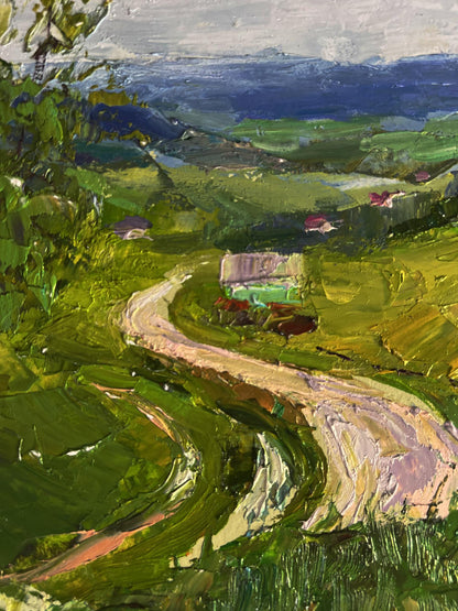 Vibrant impressionist oil painting by Boris Serdyuk: wavy mountain road
