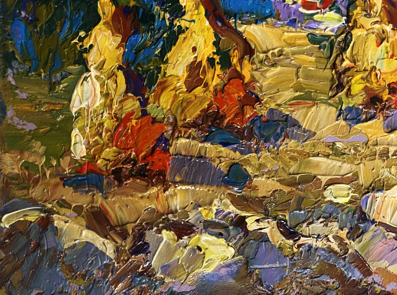 Vibrant oil painting of haystacks and mountain view by Oleksiy Ivanyuk