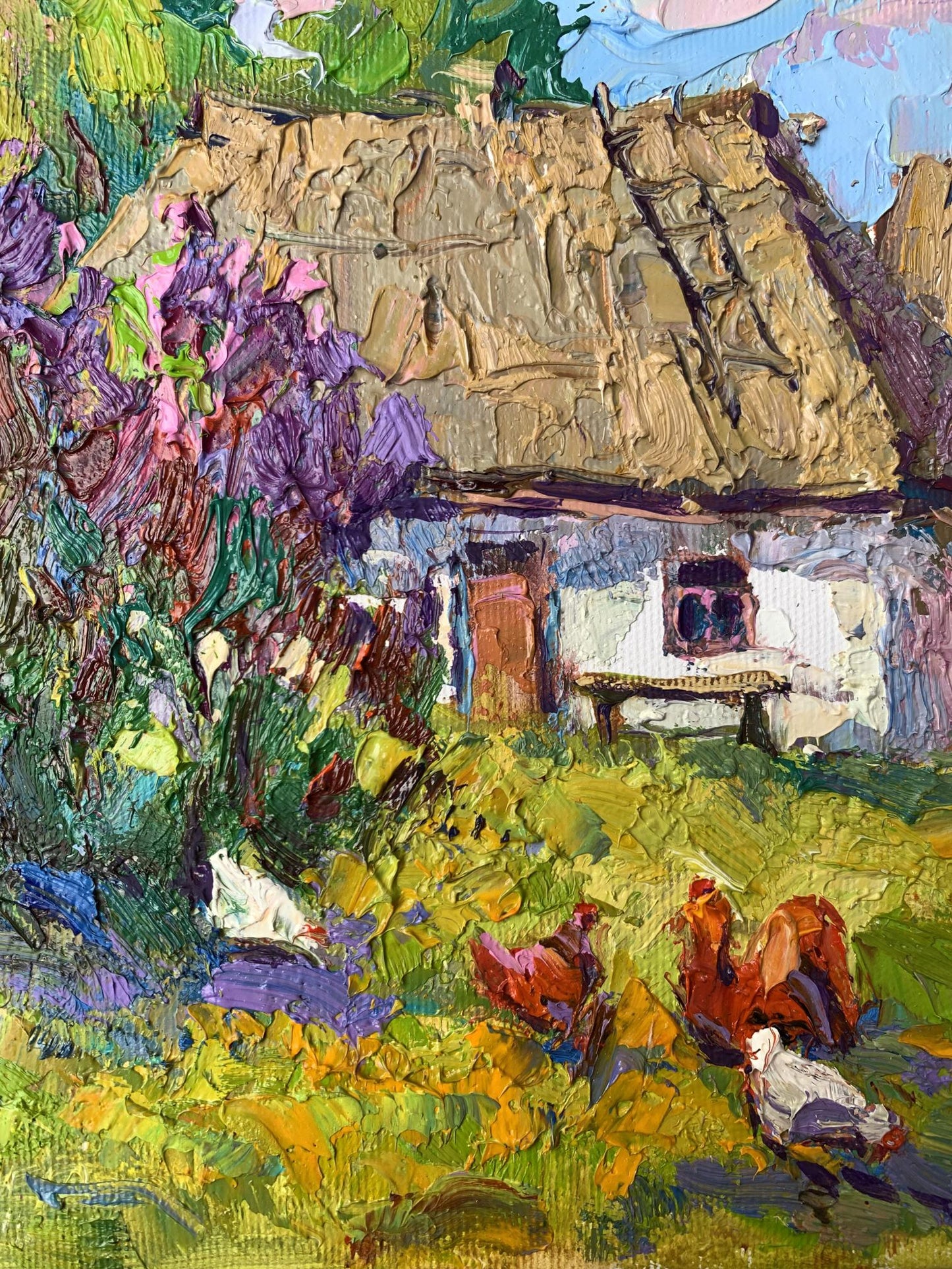 Oil painting by Oksana Ivanyuk of rustic thatched cottage with chickens