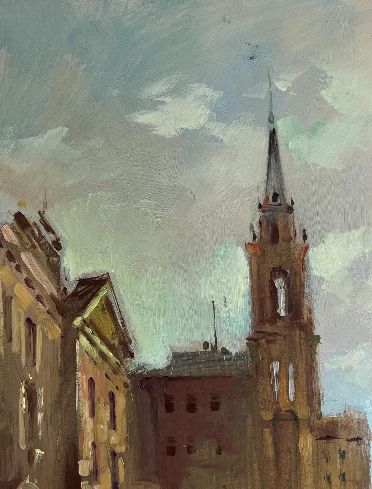 Oil painting of tall church spire in Venice by Yuriy Suprunchuk
