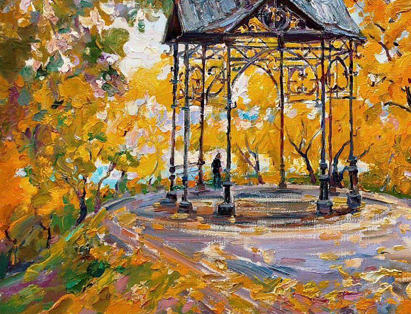 Oil painting Autumn and Gazebo by Leonid Pavlenko ornate black metal gazebo autumn trees
