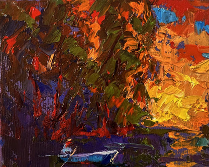 Oil painting of crimson sunset over river by Oleksiy Ivanyuk