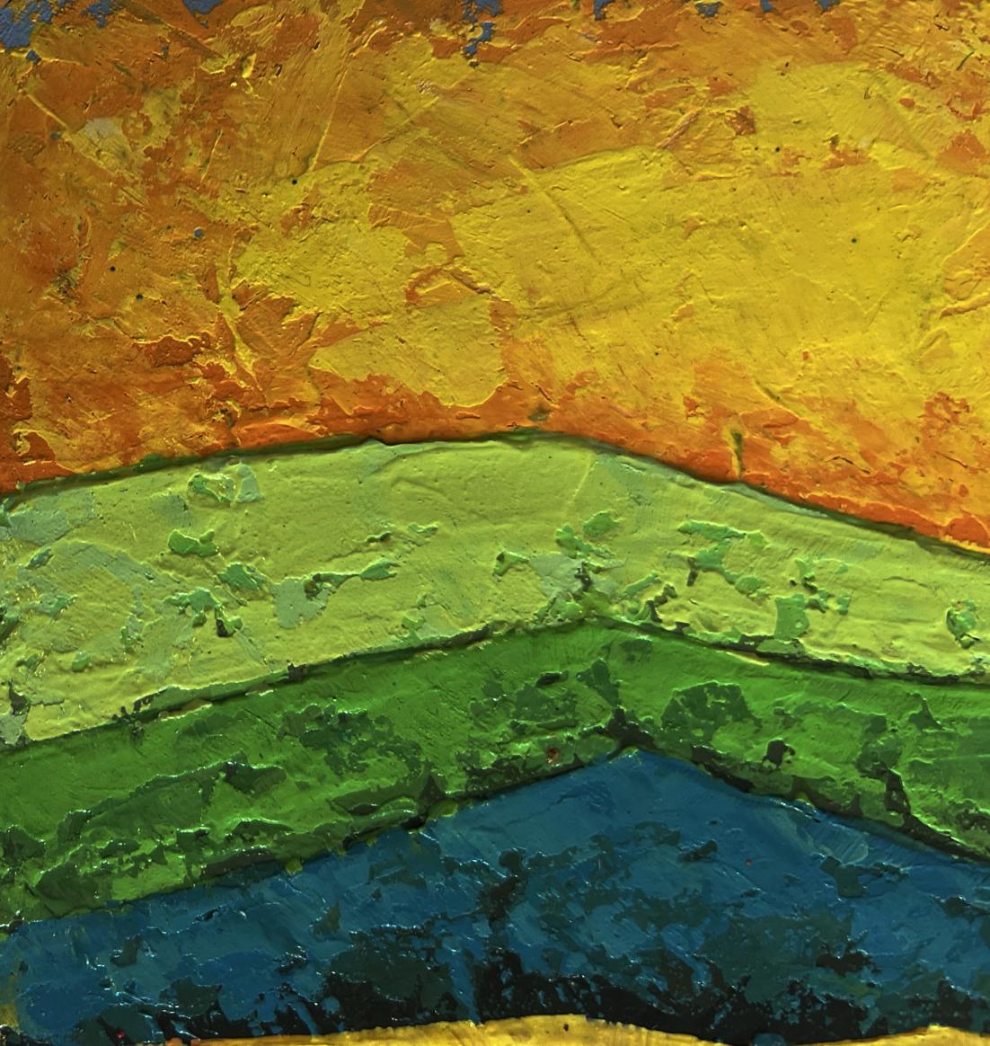 Vibrant oil painting of flower meadow silhouettes in yellow green blue bands by V. Zadorozhnya