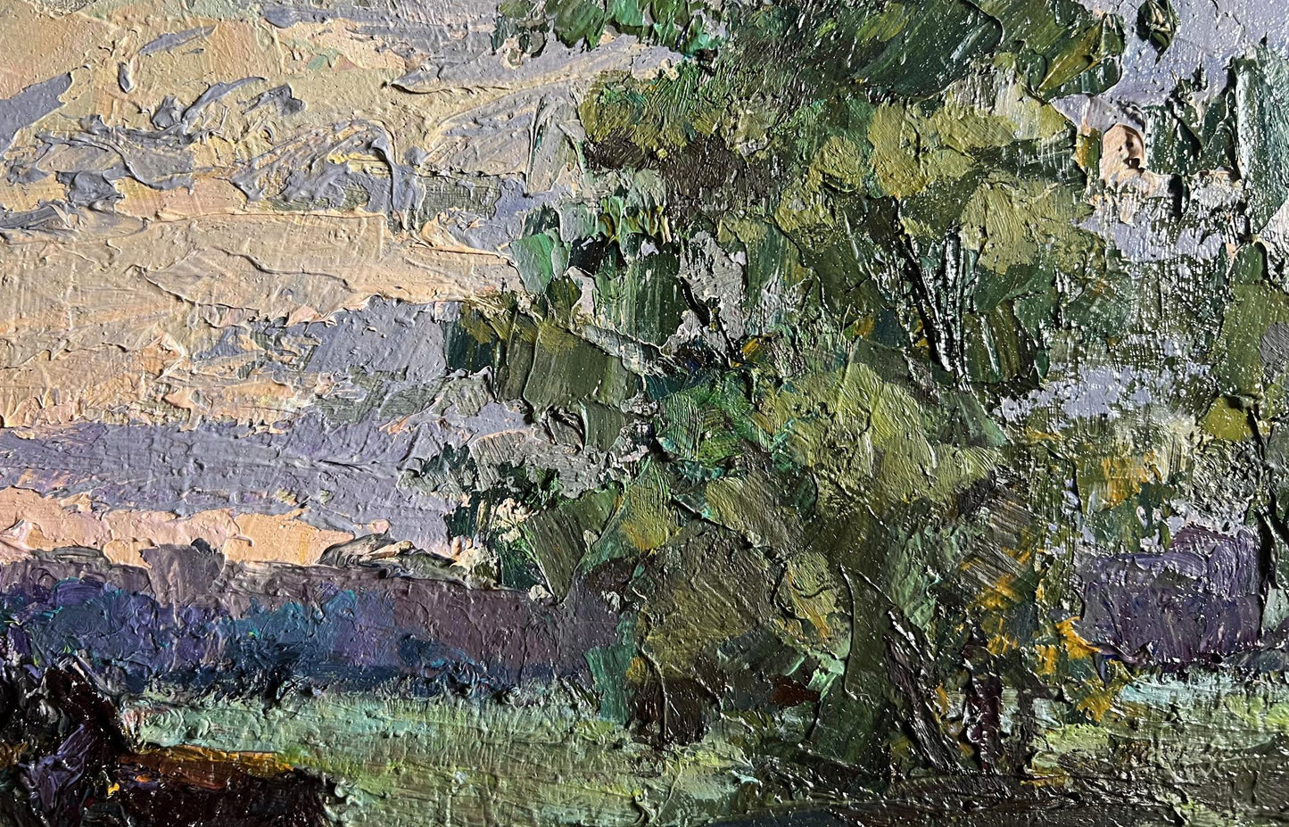 Textured impressionist oil painting of tree along country road by Boris Serdyuk