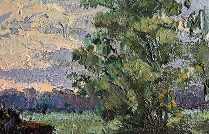 Textured impressionist oil painting of tree along country road by Boris Serdyuk