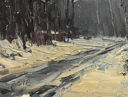 Oil painting In the winter forest by Volodymyr Pashchenko textured forest path
