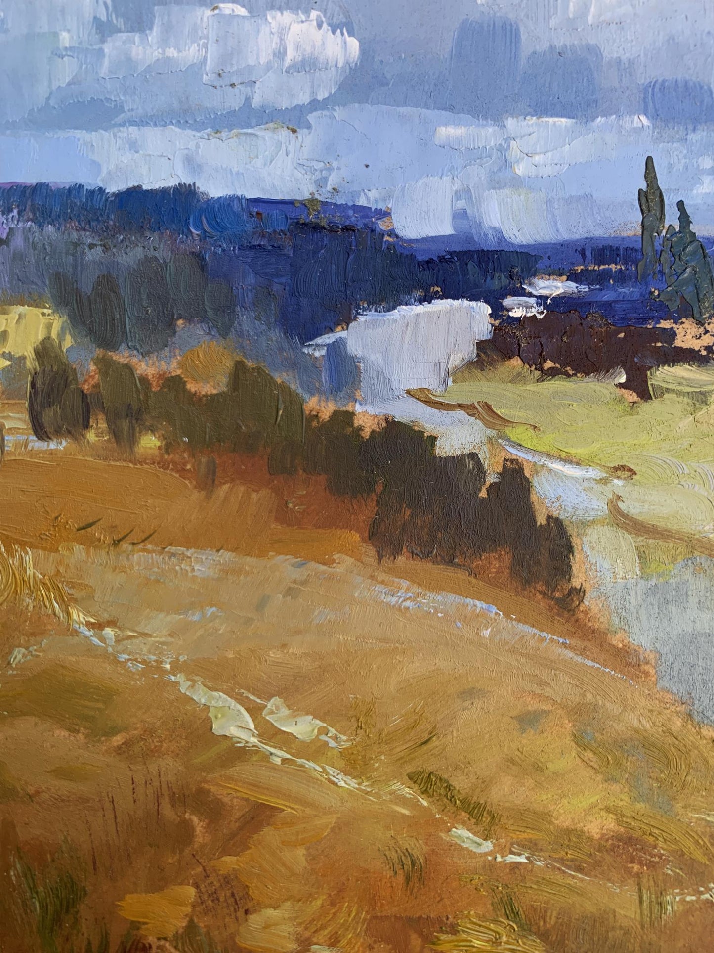Yuriy Suprunchuk oil painting of river flowing into textured impressionist landscape