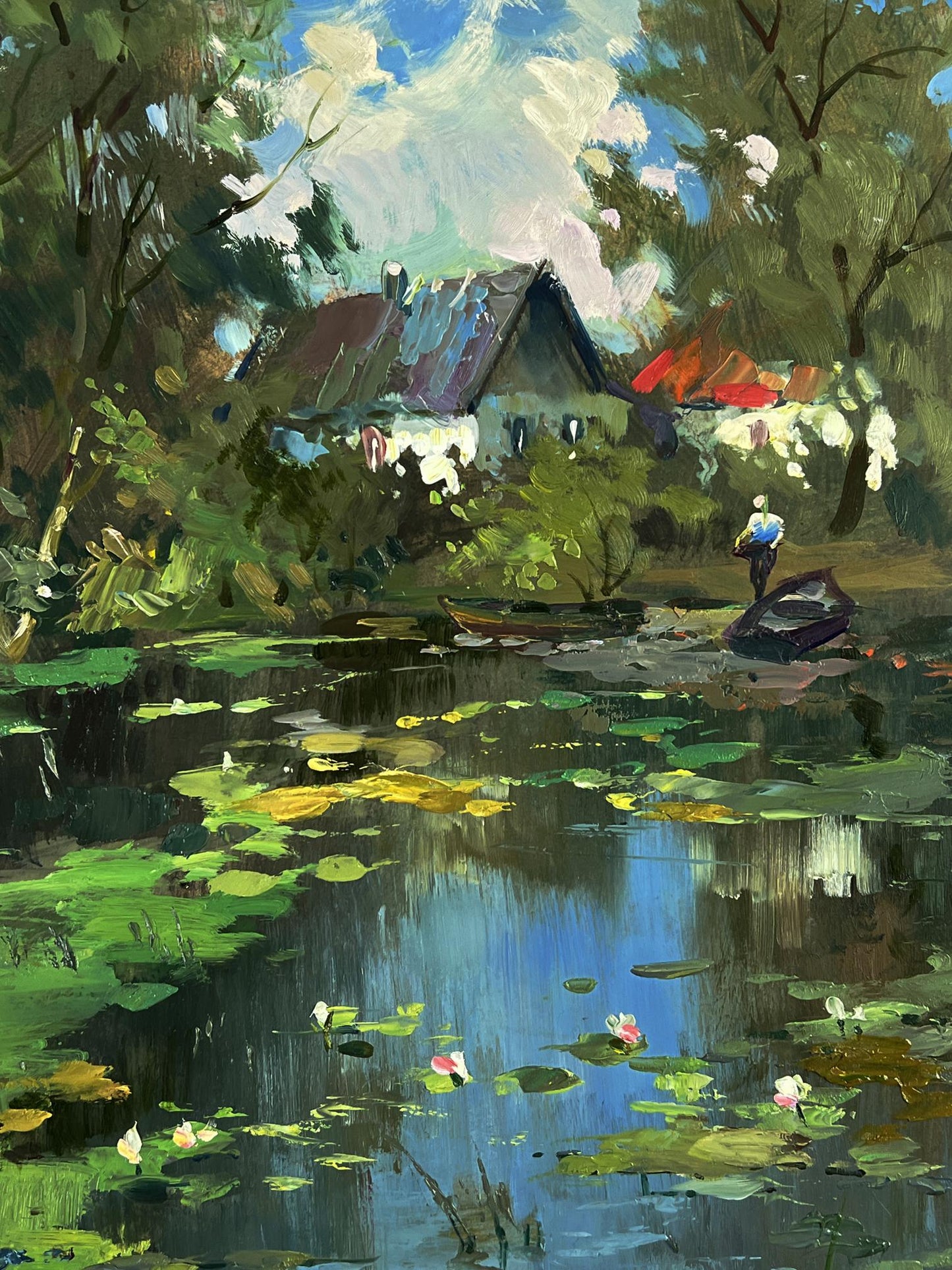 Oil painting by Yuriy Suprunchuk: rustic house by village lake amid trees