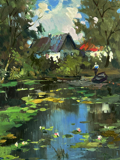 Oil painting by Yuriy Suprunchuk: rustic house by village lake amid trees