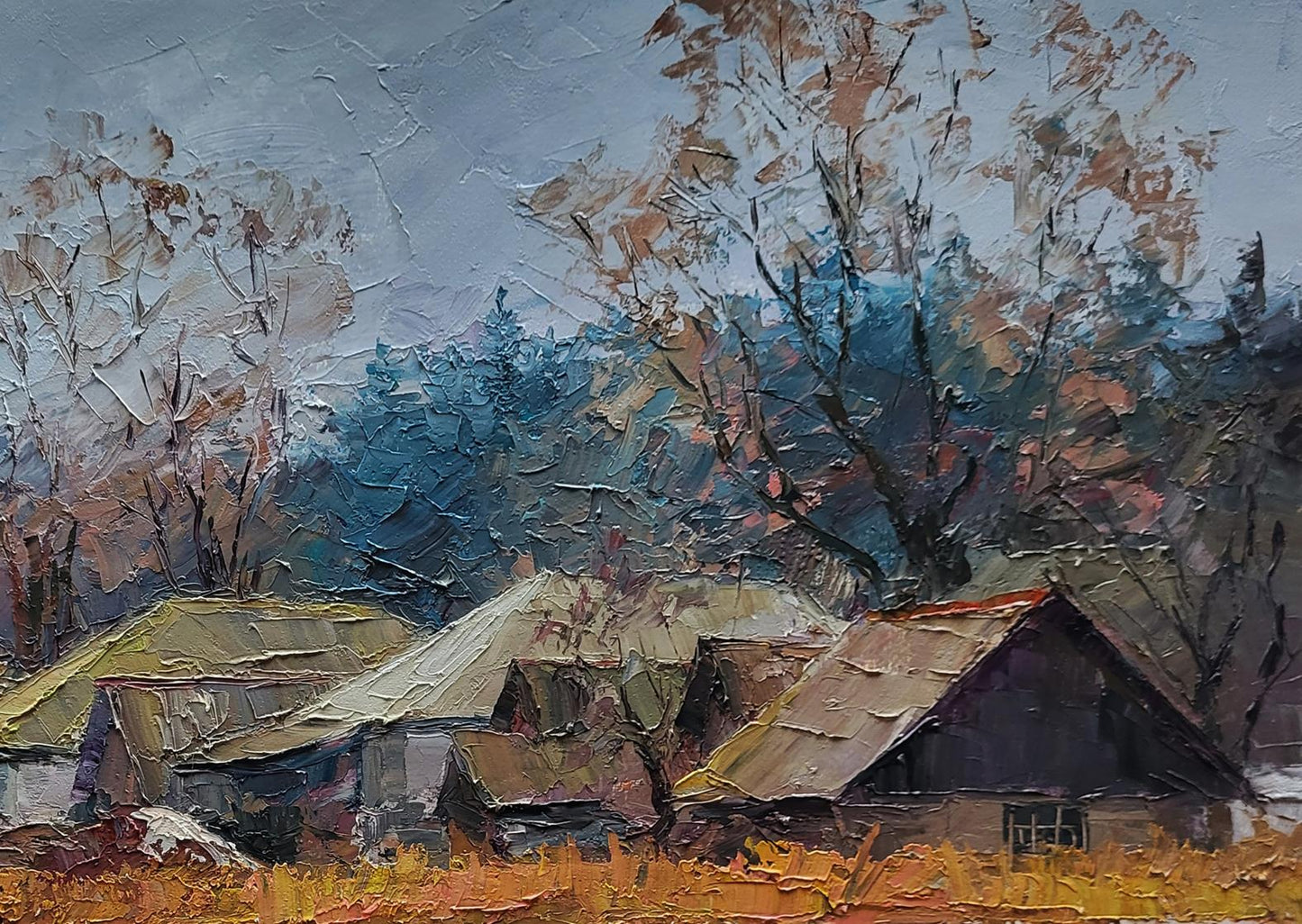 Impressionistic oil painting by Boris Serdyuk: first snow in rustic village